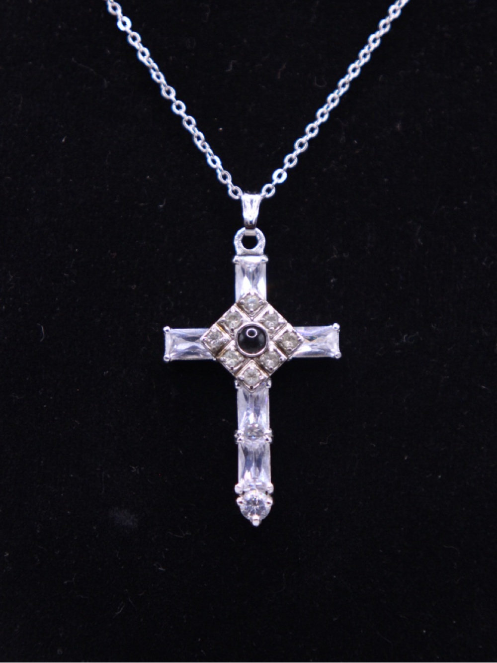 Lord's Prayer Peephole Crystal Cross Pendant Necklace Rodium Plated 19”